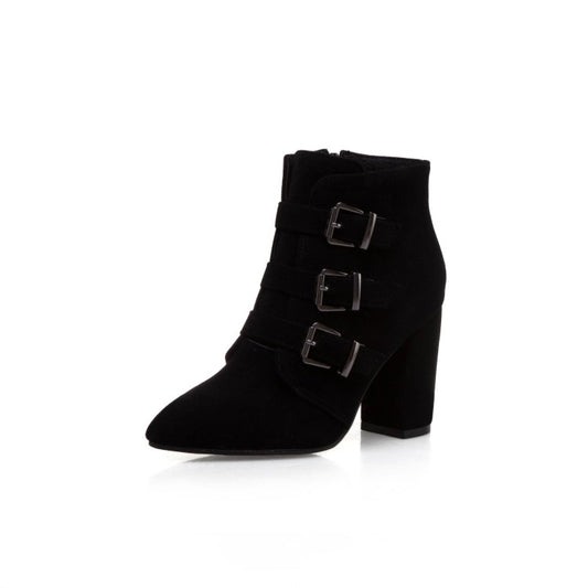 Women Suede Buckle High Heel Short Boots