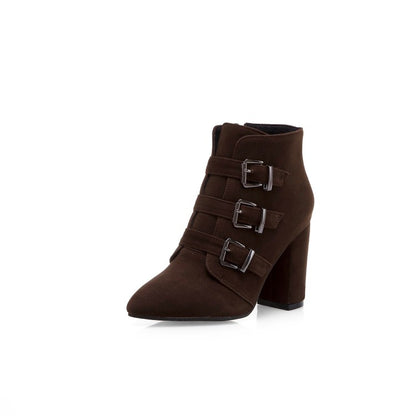 Women Suede Buckle High Heel Short Boots