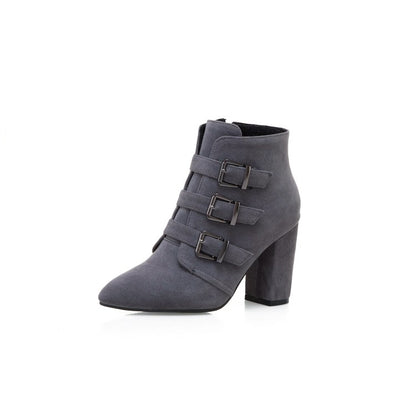 Women Suede Buckle High Heel Short Boots