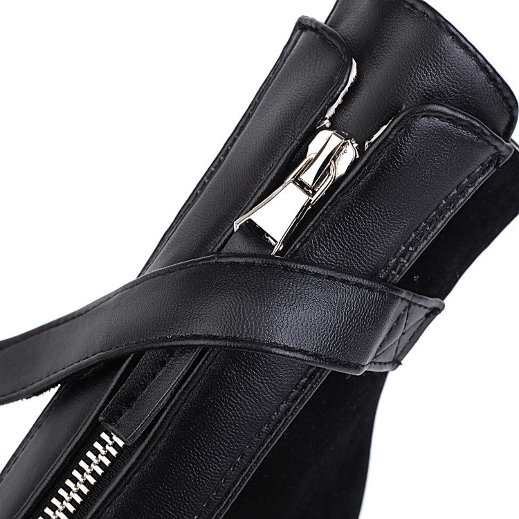 Women Zipper Block High Heel Short Boots