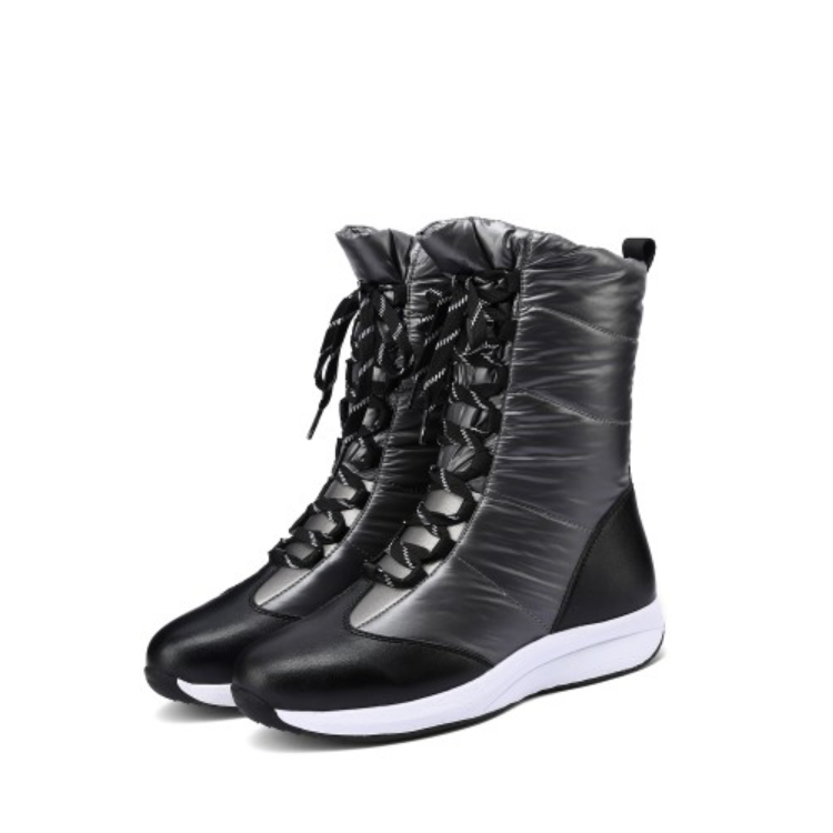 Women Leather Wedges Heels Winter Down Mid Calf Snow Boots