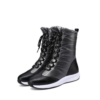 Women Leather Wedges Heels Winter Down Mid Calf Snow Boots