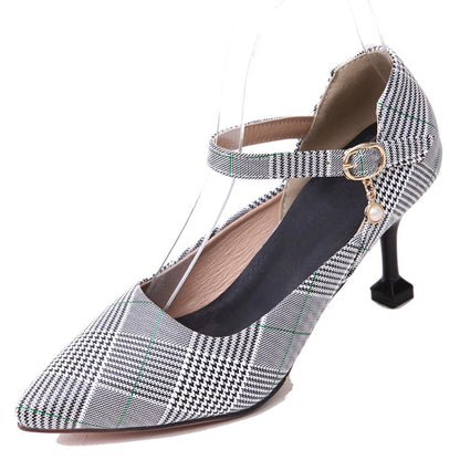 Women Plaid Ankle Strap High Heel Stiletto Pumps