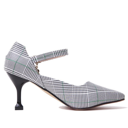 Women Plaid Ankle Strap High Heel Stiletto Pumps