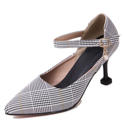 Women Plaid Ankle Strap High Heel Stiletto Pumps