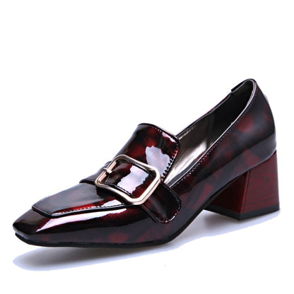 Women Patent Leather Buckle Chunky Heel Pumps