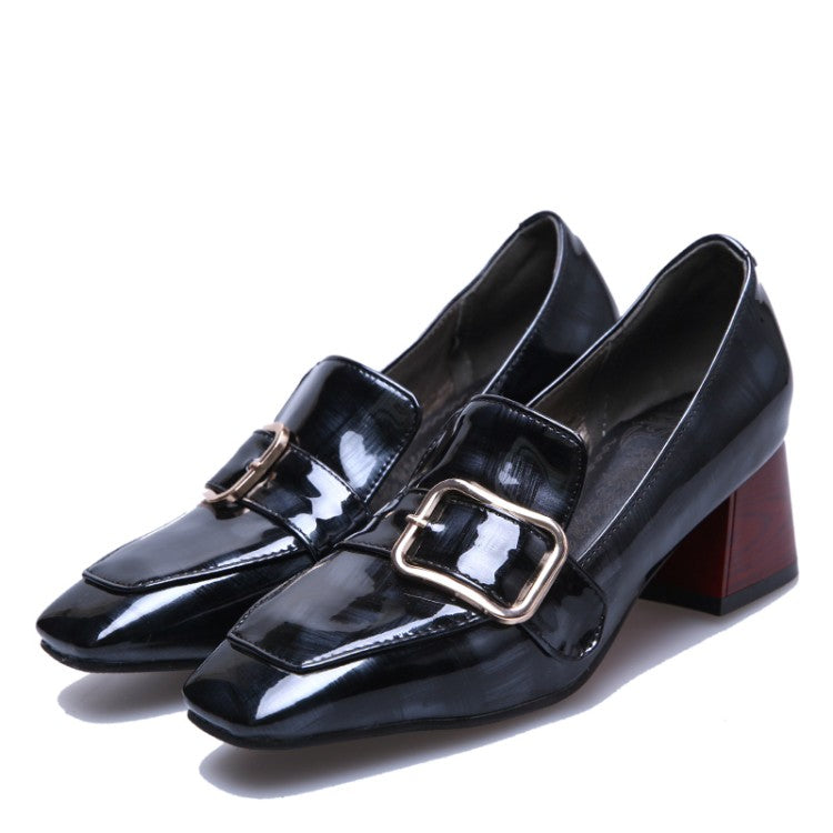 Women Patent Leather Buckle Chunky Heel Pumps