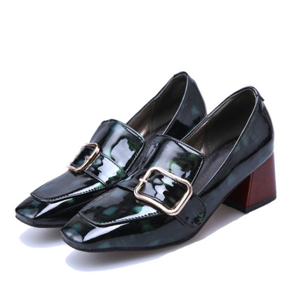 Women Patent Leather Buckle Chunky Heel Pumps