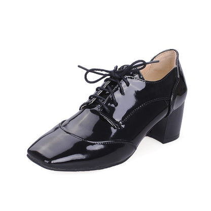 Women Patent Leather Lace Up Chunky High Heels