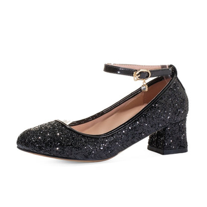 Women Sequin Mary Jane Block Heels Pumps