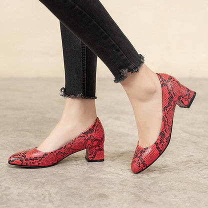 Women Snake-printed Block Heels Pumps