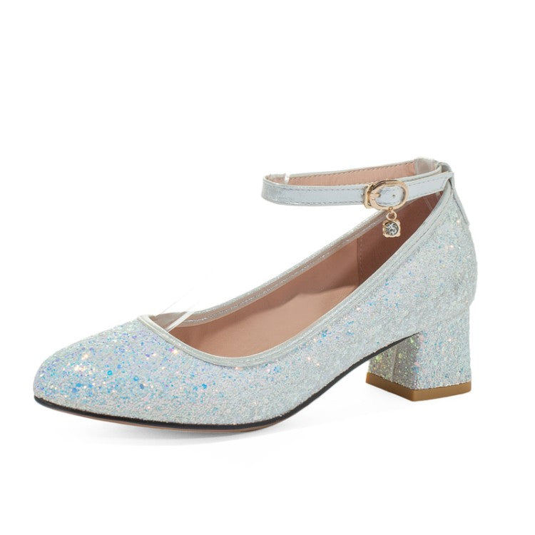 Women Sequined Mary Jane Block Heels Pumps