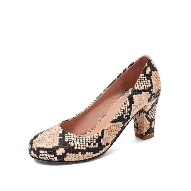 Women Snake-printed Block High Heels Pumps