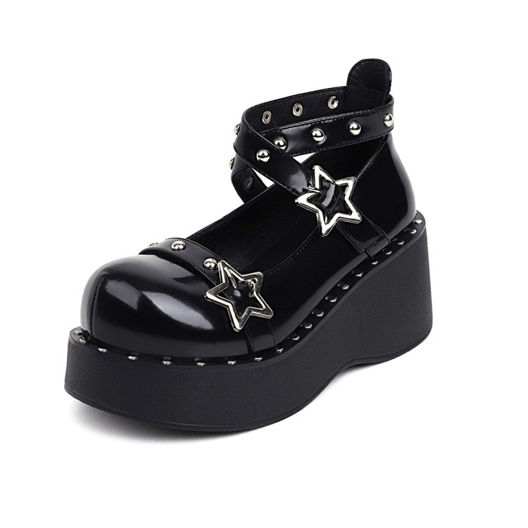 Women Star-shaped Rivets Platform Wedge Heels Shoes