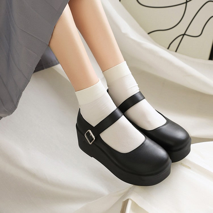 Women Buckle Platform Wedge Heels Shoes