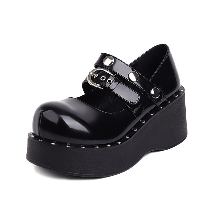 Women Buckle Rivets Platform Wedge Heels Shoes