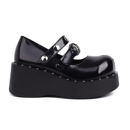 Women Buckle Rivets Platform Wedge Heels Shoes