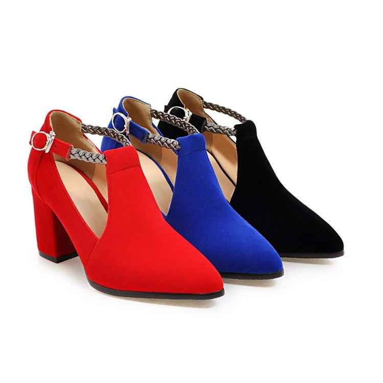 Women Metal Deco T Strap Block High Heels