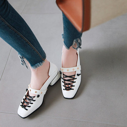 Women Square Toe Strap Metal Deco Block Heels Pumps