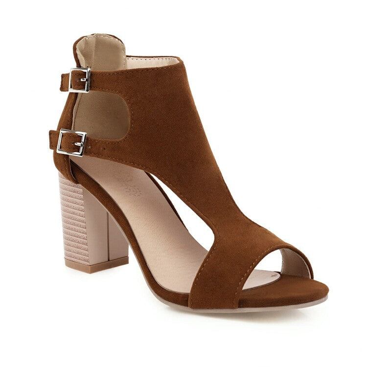 Women Hollow Out Suede Open Toe Block Heels Sandals