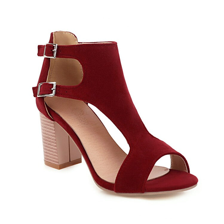 Women Hollow Out Suede Open Toe Block Heels Sandals