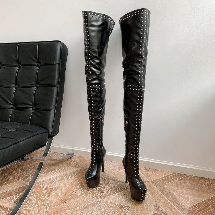 Women Pu Leather Round Toe Rivets Patchwork Stiletto Heel Platform Over the Knee Boots