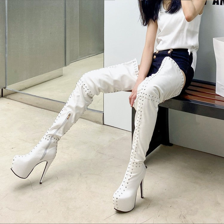 Women Pu Leather Round Toe Rivets Patchwork Stiletto Heel Platform Over the Knee Boots
