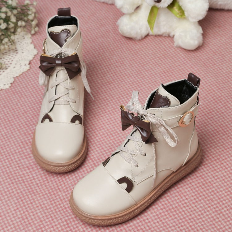 Women Lace Up Bowtie Flat Ankle Boots