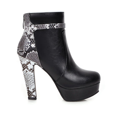 Women Pu Leather Snake Pattern Chunky Heel Platform Short Boots