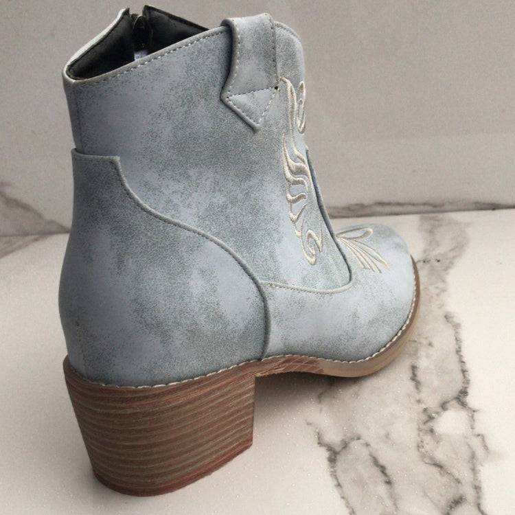 Women Pointed Toe Embroidery Side Zippers Puppy Heel Short Boots