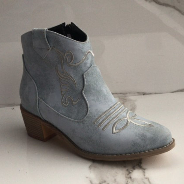 Women Pointed Toe Embroidery Side Zippers Puppy Heel Short Boots