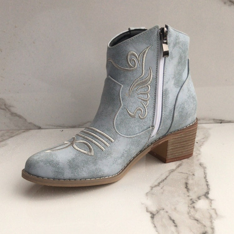 Women Pointed Toe Embroidery Side Zippers Puppy Heel Short Boots
