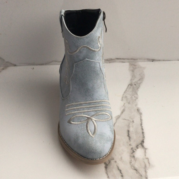 Women Pointed Toe Embroidery Side Zippers Puppy Heel Short Boots