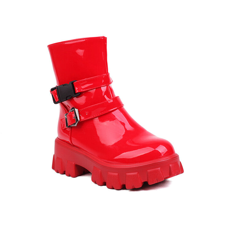 Women Glossy Buckle Straps Block Heel Side Zippers Platform Short Boots