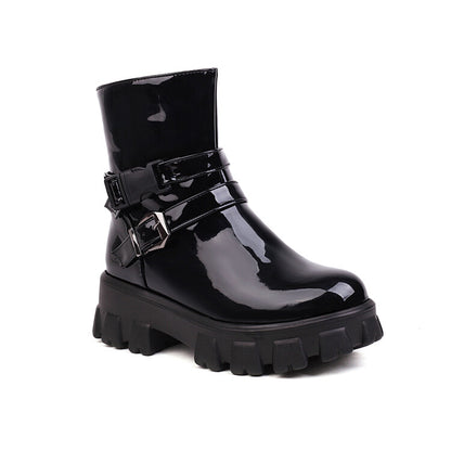 Women Glossy Buckle Straps Block Heel Side Zippers Platform Short Boots