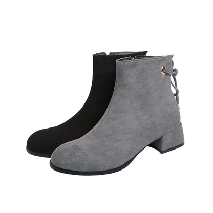 Women Flock Back Tied Straps Block Heel Side Zippers Short Boots