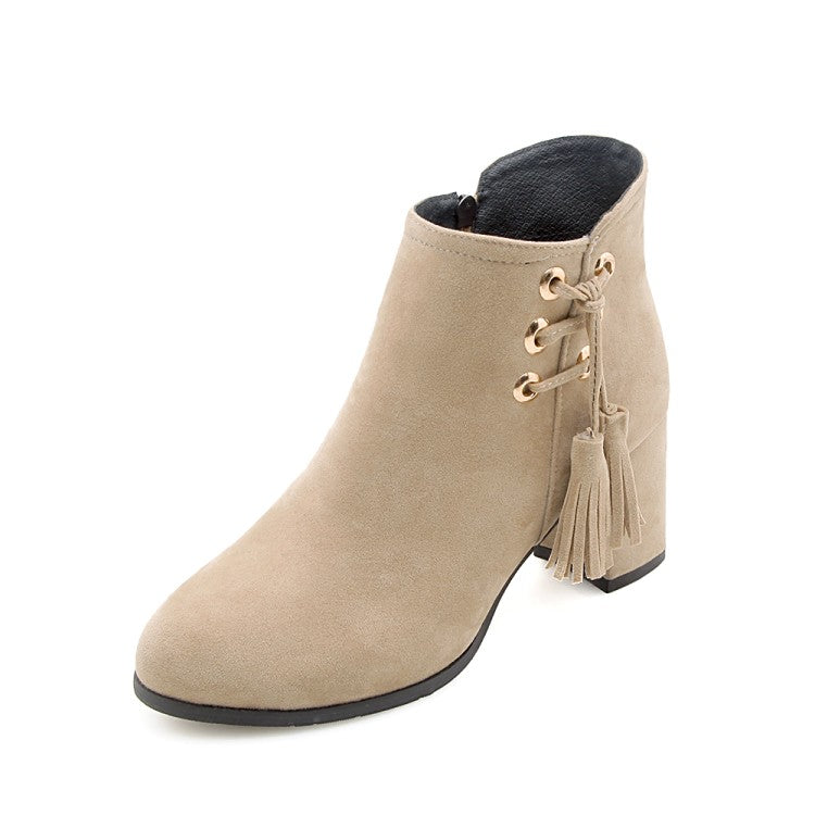 Women Flock Pointed Toe Straps Tassel Block Heel Short Boots