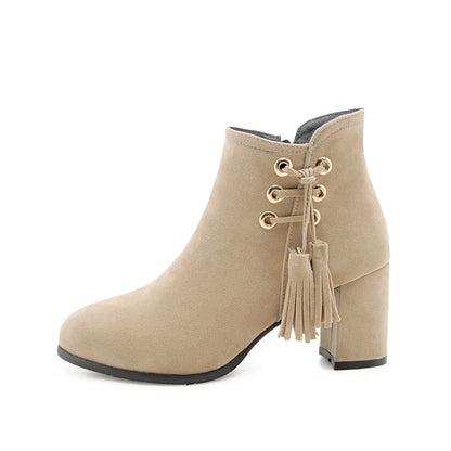 Women Flock Pointed Toe Straps Tassel Block Heel Short Boots