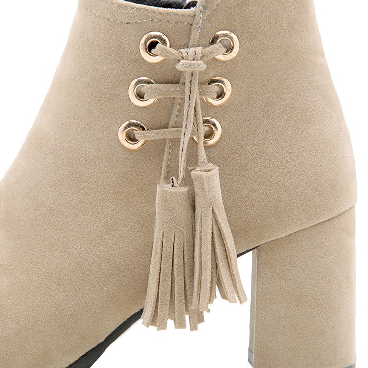 Women Flock Pointed Toe Straps Tassel Block Heel Short Boots