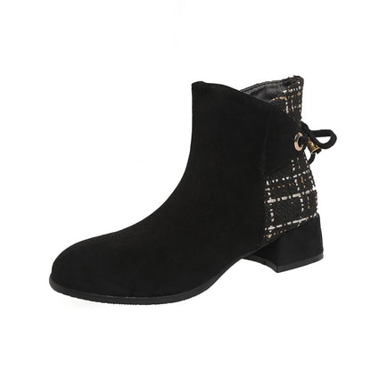 Women Flock Lattice Patchwork Side Zippers Block Heel Short Boots