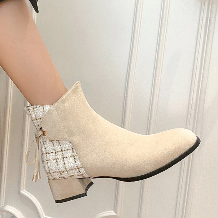 Women Flock Lattice Patchwork Side Zippers Block Heel Short Boots