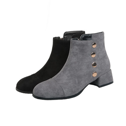 Women Flock Square Toe Rivets Block Heel Short Boots