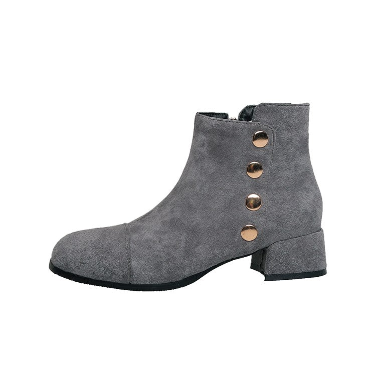 Women Flock Square Toe Rivets Block Heel Short Boots