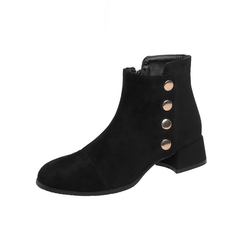 Women Flock Square Toe Rivets Block Heel Short Boots