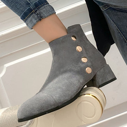 Women Flock Square Toe Rivets Block Heel Short Boots