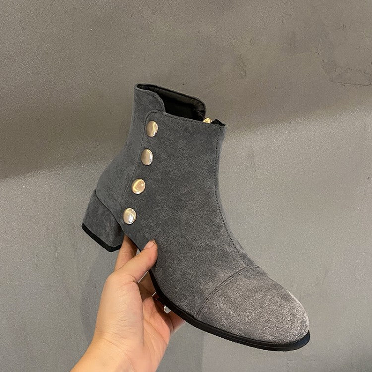 Women Flock Square Toe Rivets Block Heel Short Boots