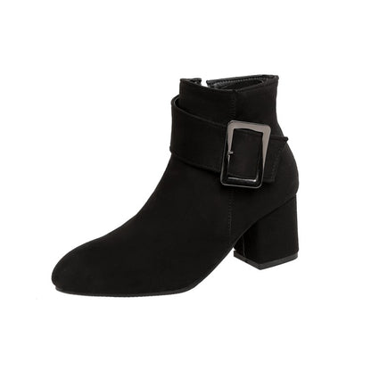 Women Flock Buckle Zipper Block Heel Short Boots