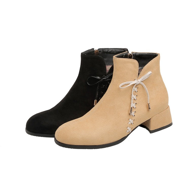 Women Flock Side Tied Straps Block Heel Short Boots