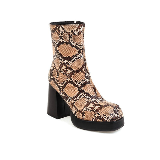 Women Snake Printed Chunky Heel Side Zippers Platform Short Boots