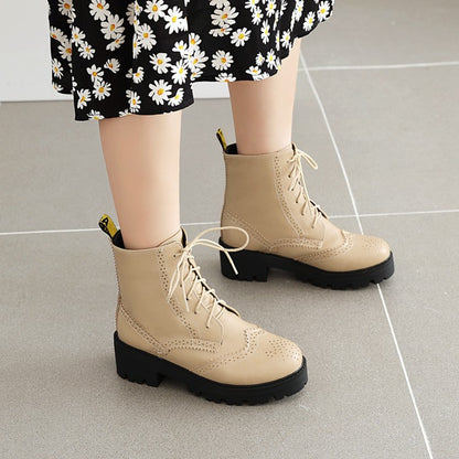 Women Lace Up Laser Block Heel Platform Short Boots